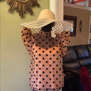 "Oddi" Brown & Black Polka Dot Sheer Mesh Flutter Sleeve Top w/Cami Size S NWT
